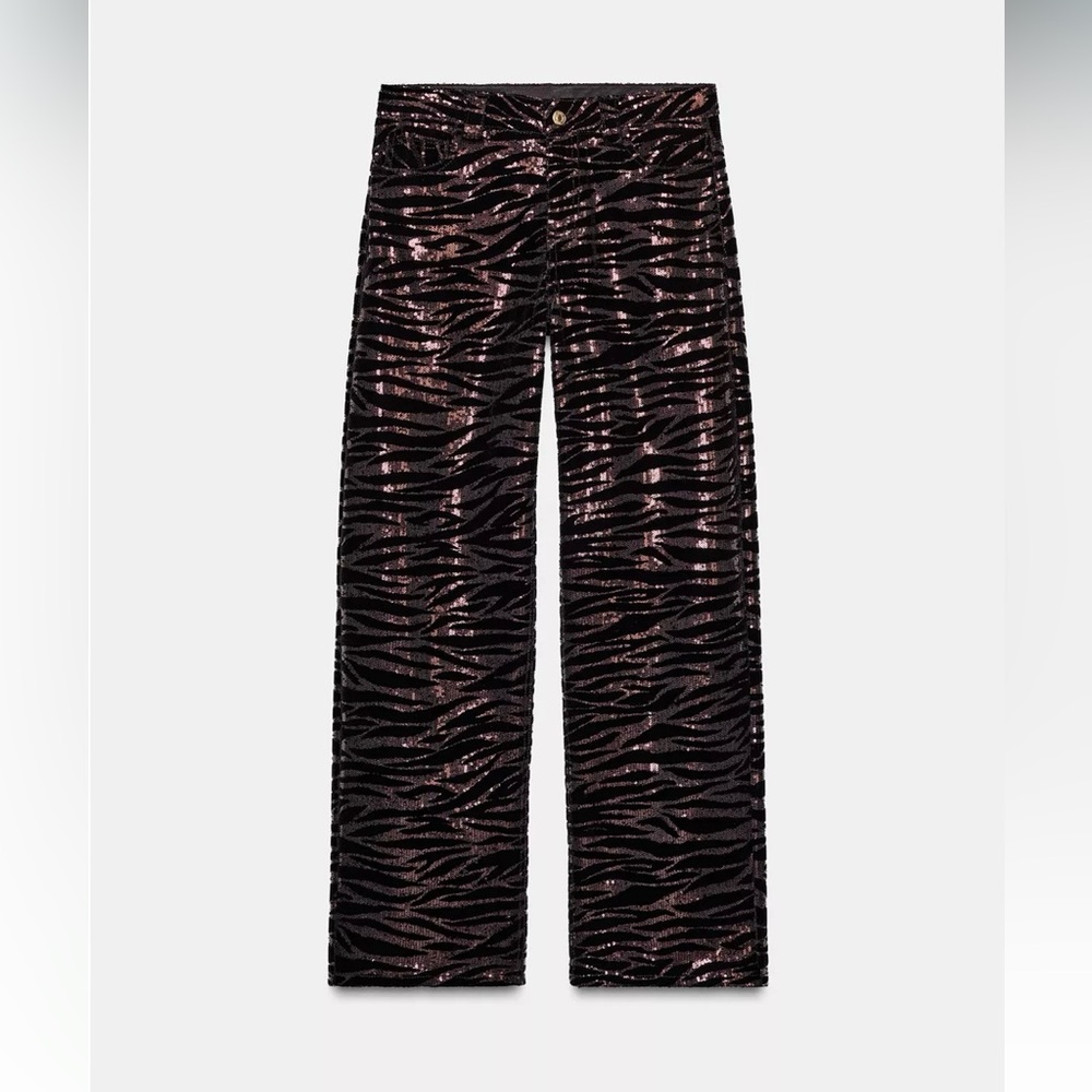 New ZARA Stylish Zebra Print Sequined Velvet Pants